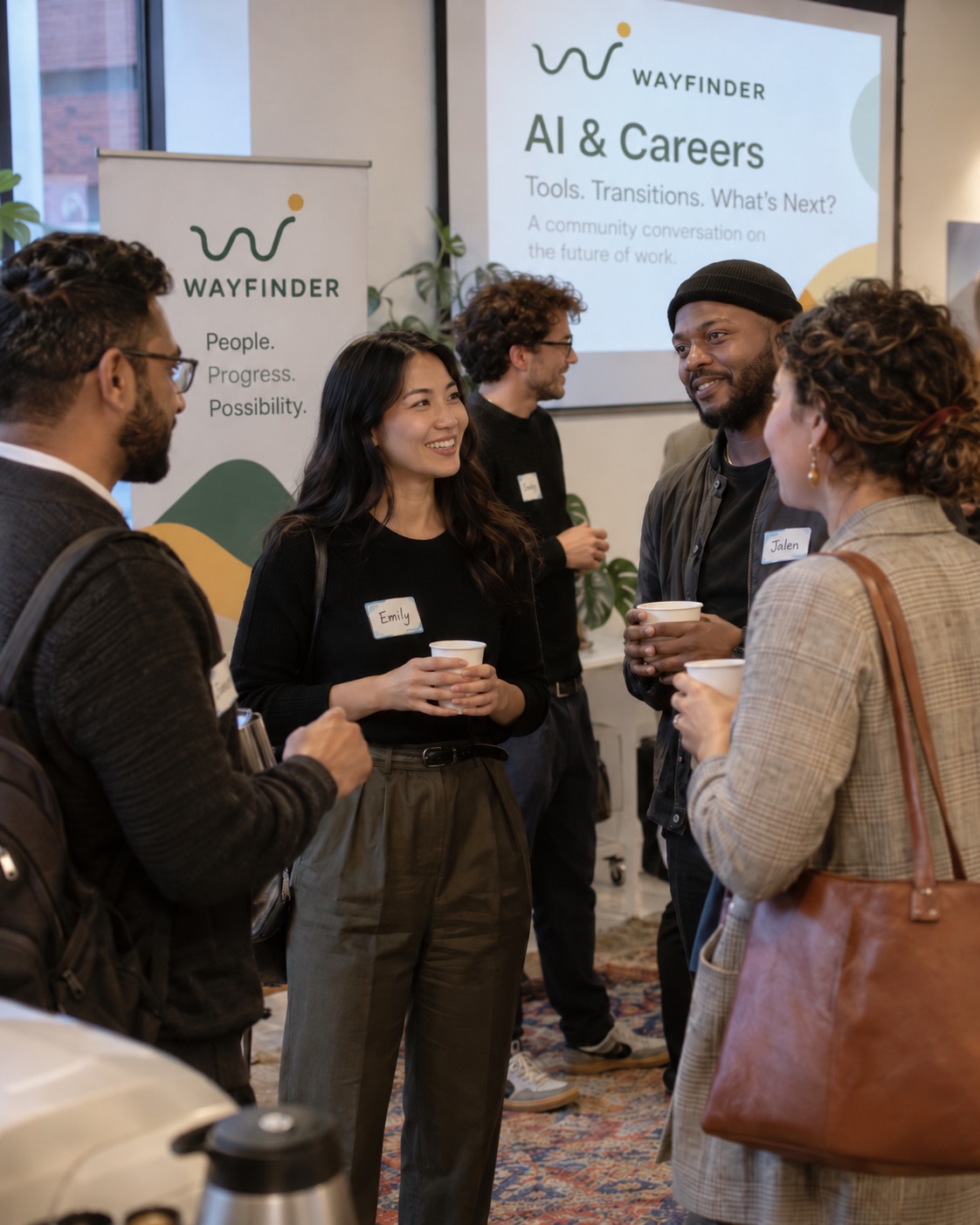 Illustrative scene of people meeting at a Wayfinder community gathering
